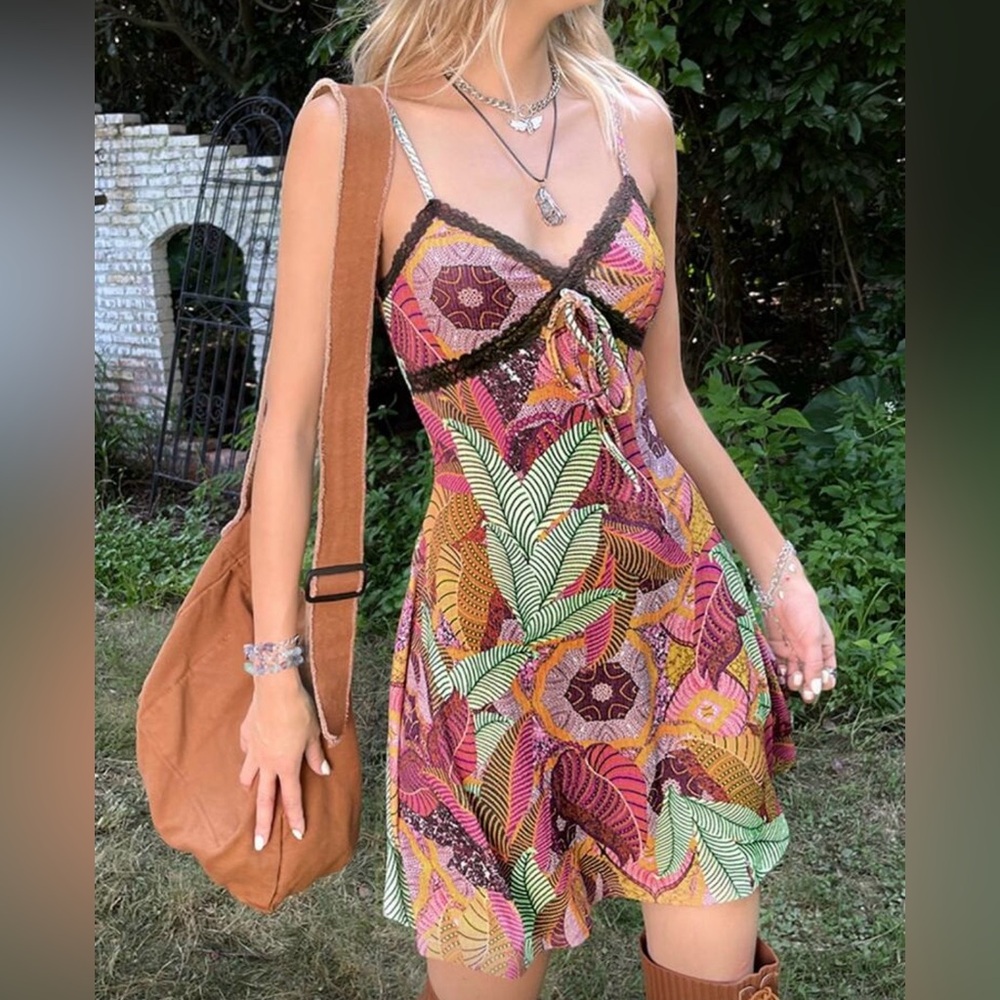 Vibrant Leaf Print Mini Dress
